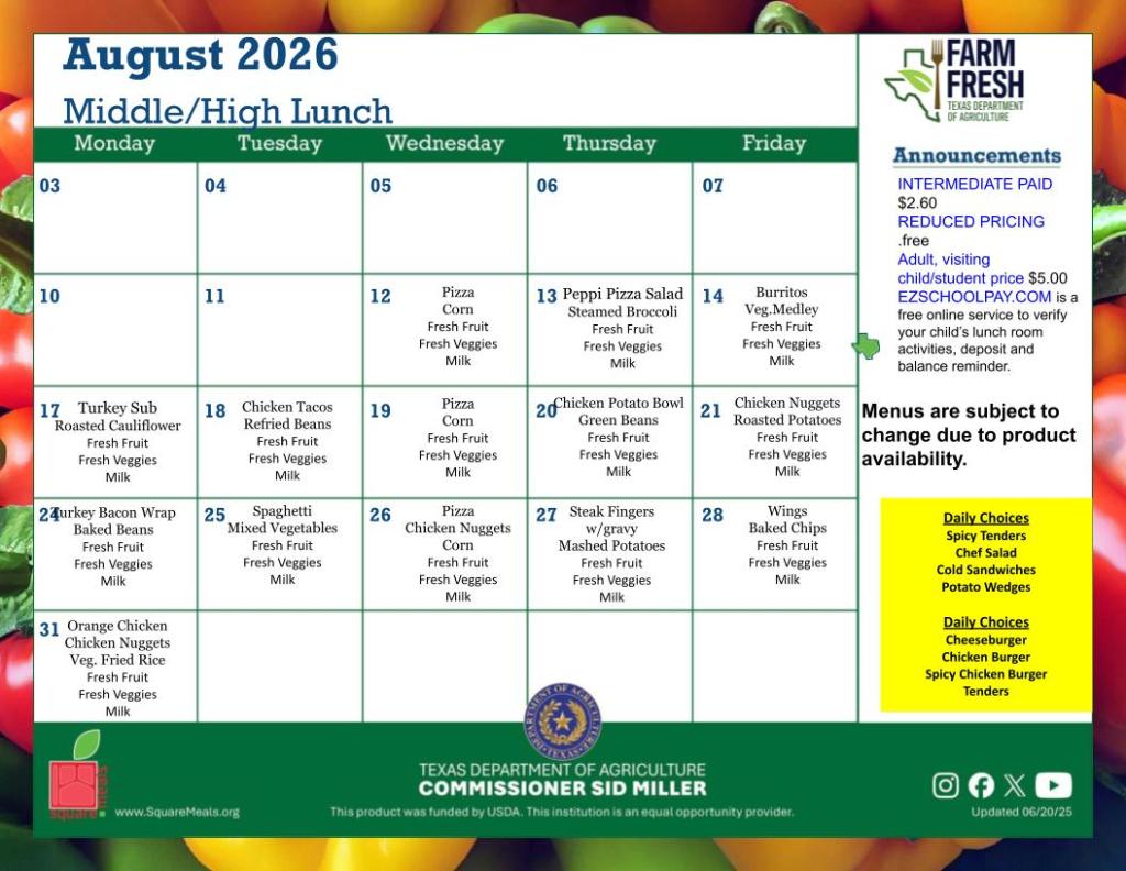 middle school and high school lunch menu for august